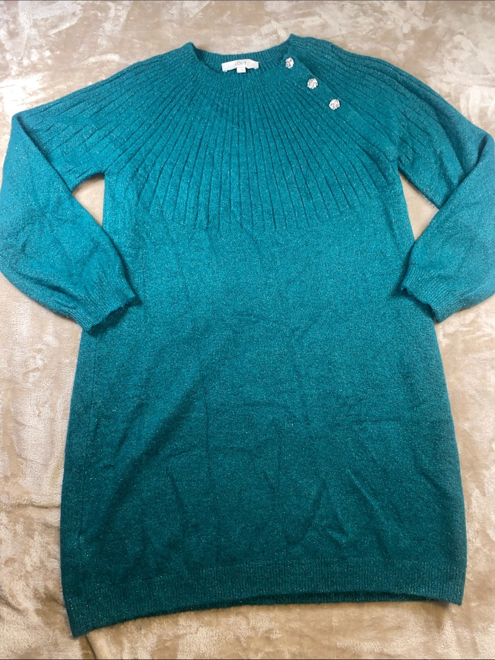 LOFT Teal Green with gold sparkles Long-Sleeve Sweater knit dress